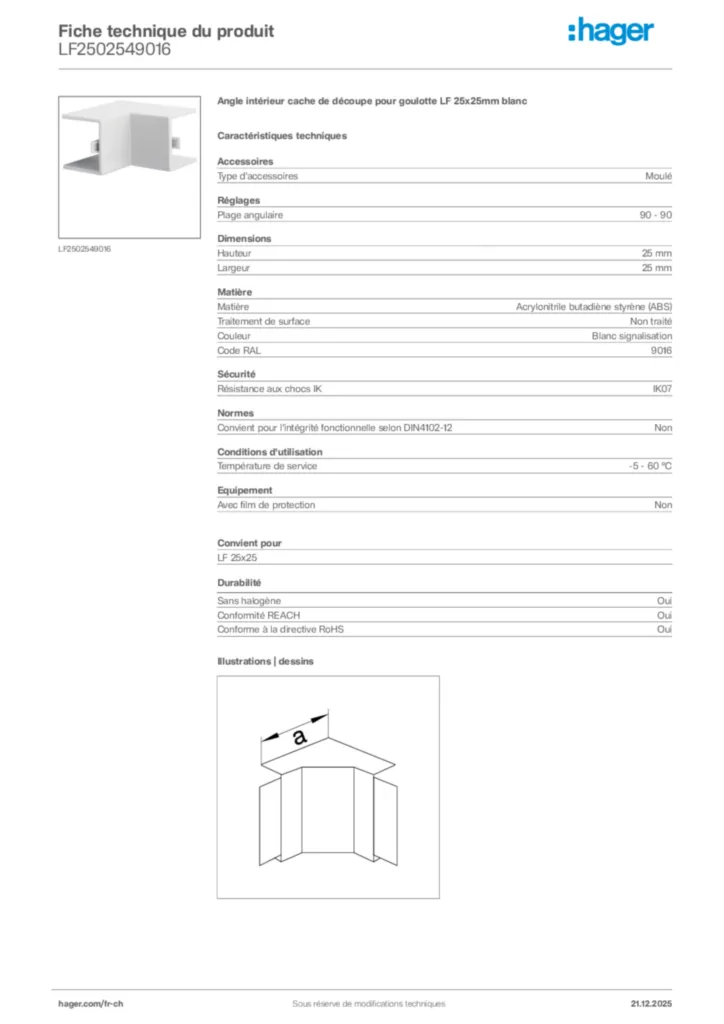 Image Hager Fiche technique du produit LF2502549016 | Hager Suisse