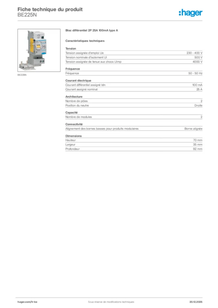 Image Hager Fiche technique du produit BE225N | Hager Belgique