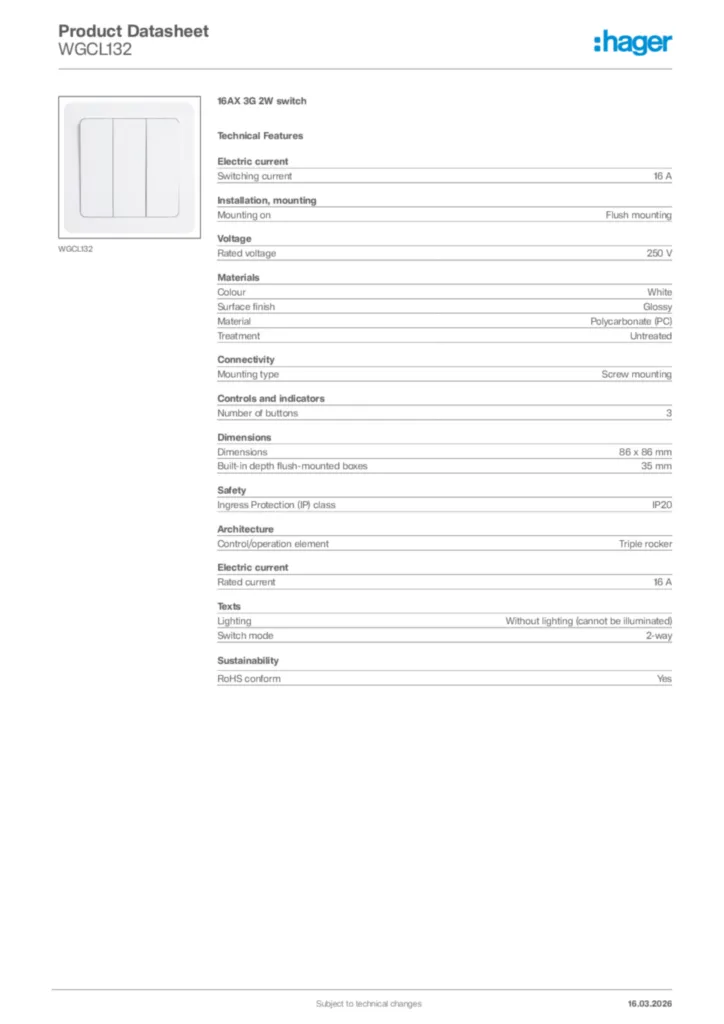 Image Hager Product data sheet WGCL132  | Hager Africa