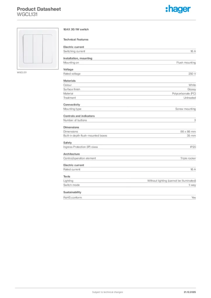 Image Hager Product data sheet WGCL131  | Hager Africa