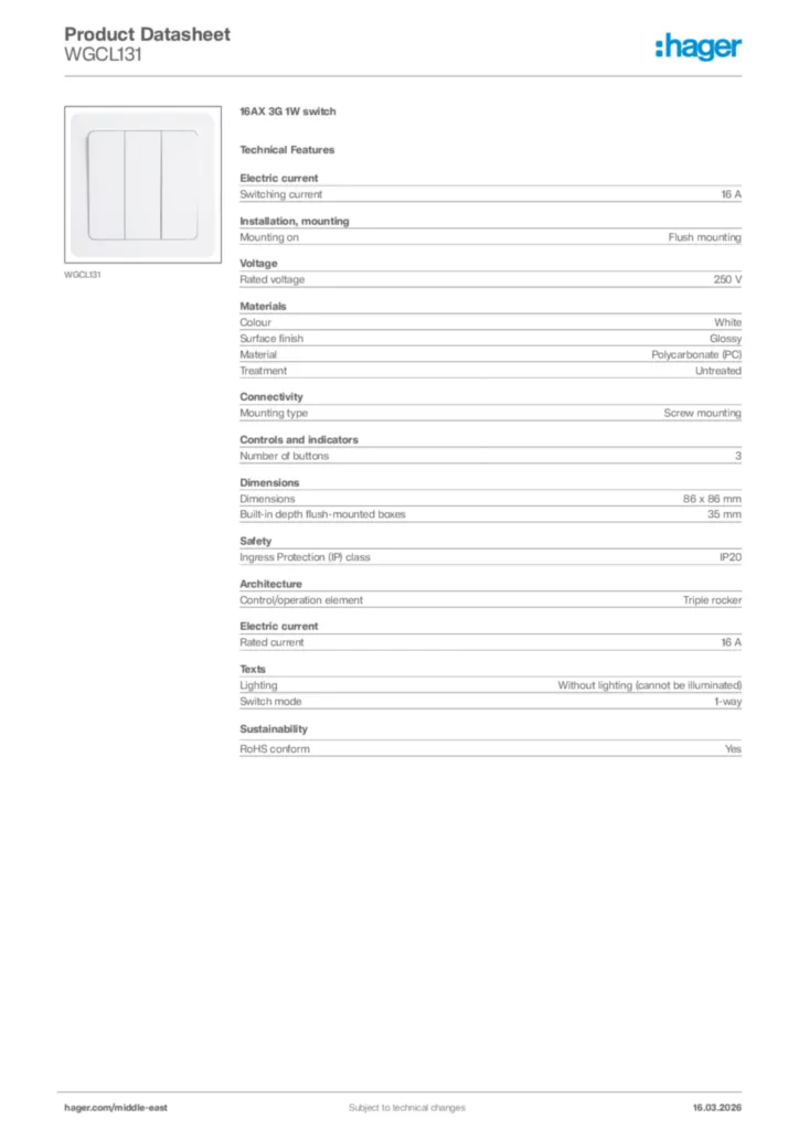 Image Hager Product data sheet WGCL131  | Hager