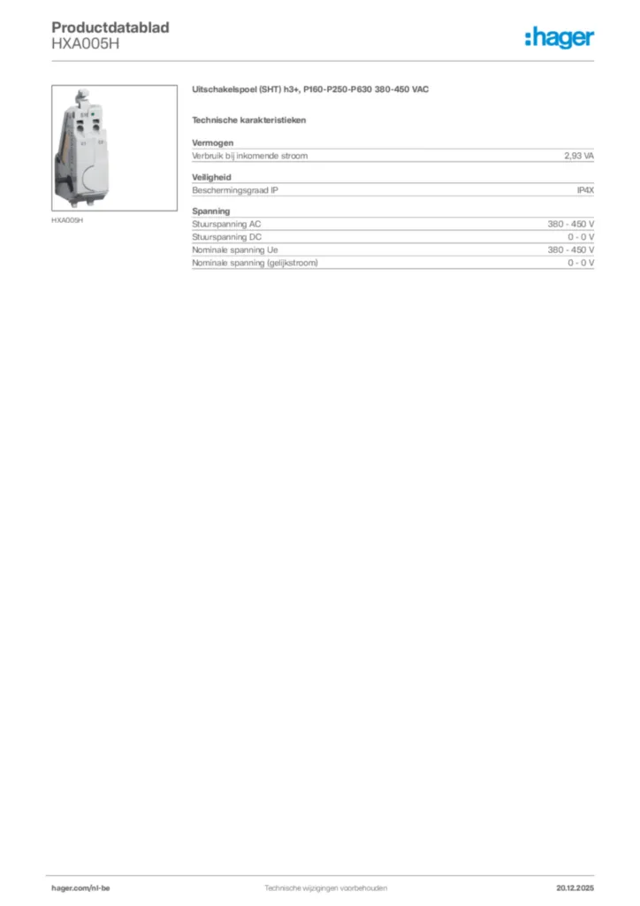 Afbeelding Hager Productdatablad HXA005H | Hager Belgium