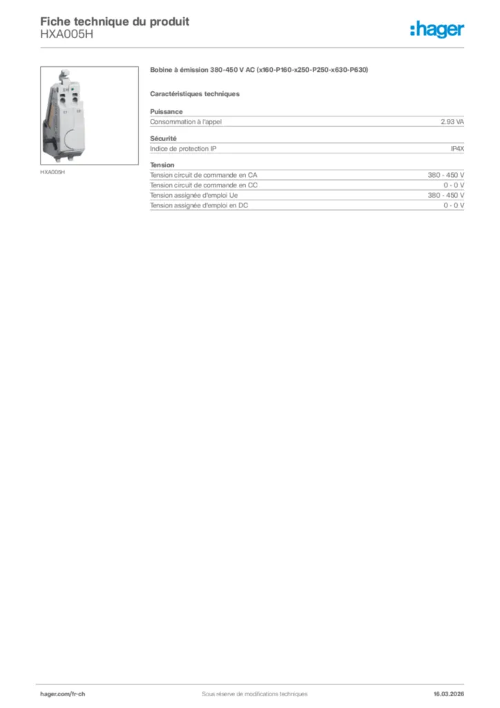 Image Hager Fiche technique du produit HXA005H | Hager Suisse