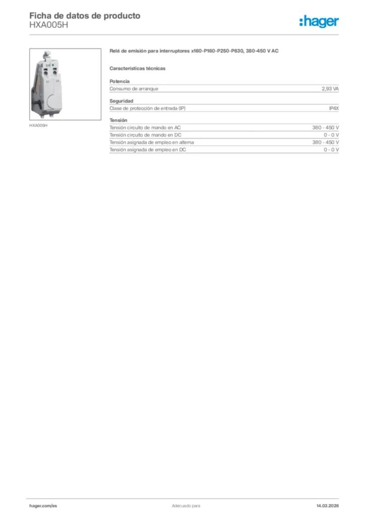 Imagen Hager Ficha de datos de producto HXA005H | Hager España