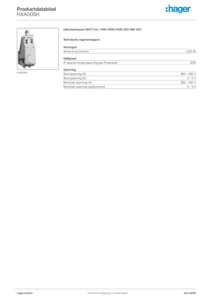 Afbeelding Hager Productdatablad HXA005H | Hager Nederland