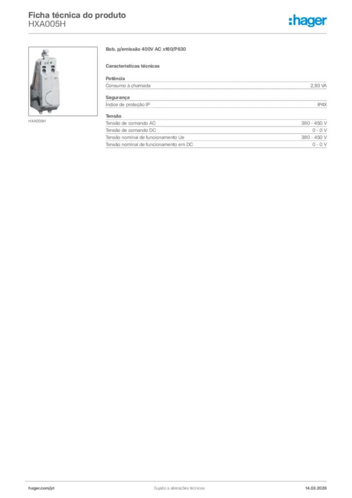 Imagem Hager Ficha técnica do produto HXA005H | Hager Portugal