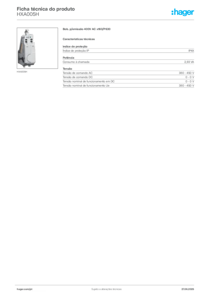 Imagem Hager Ficha técnica do produto HXA005H | Hager Portugal