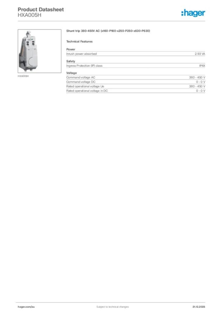 Image Hager Product data sheet HXA005H  | Hager Australia