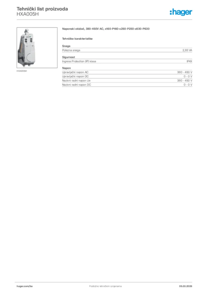 Slika Hager Tehnički list proizvoda HXA005H  | Hager