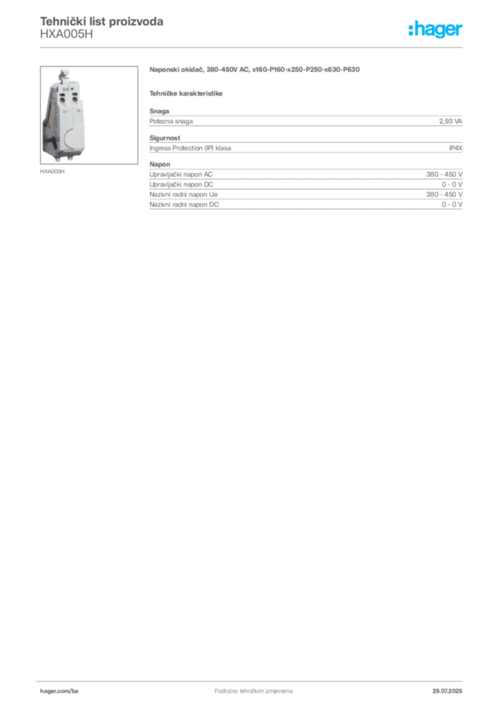 Slika Hager Product data sheet HXA005H  | Hager