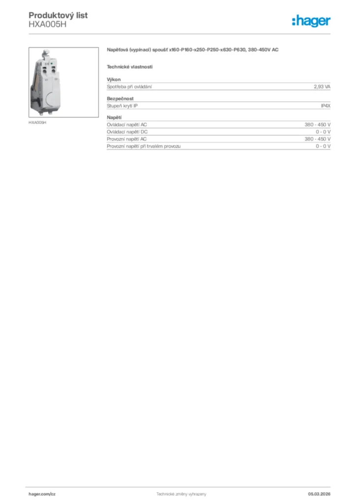 Obrázek Hager Product data sheet HXA005H | Hager