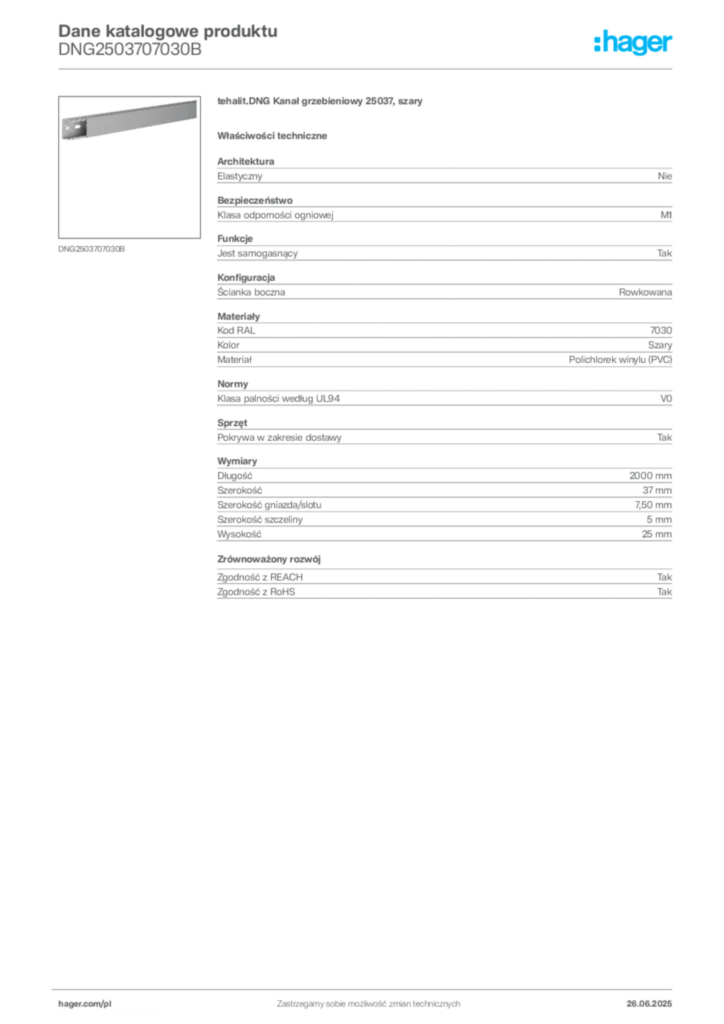Zdjęcie Hager Dane katalogowe produktu DNG2503707030B | Hager Polska