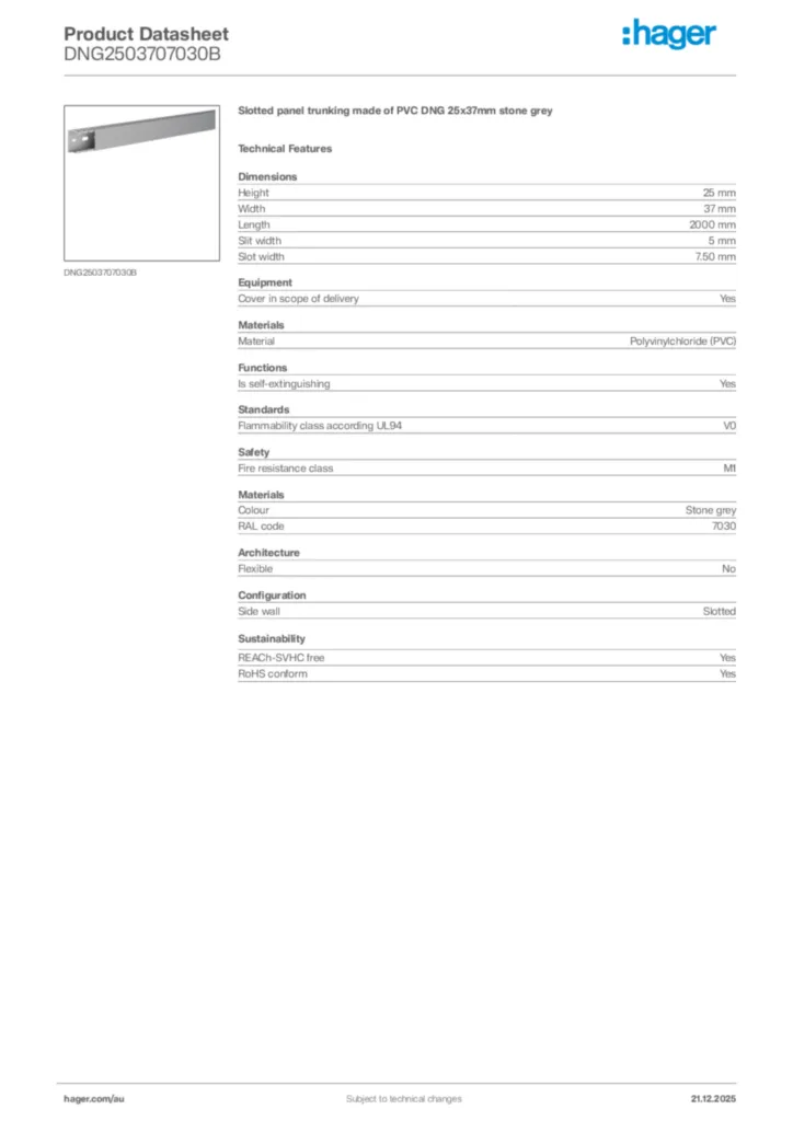 Image Hager Product data sheet DNG2503707030B  | Hager Australia
