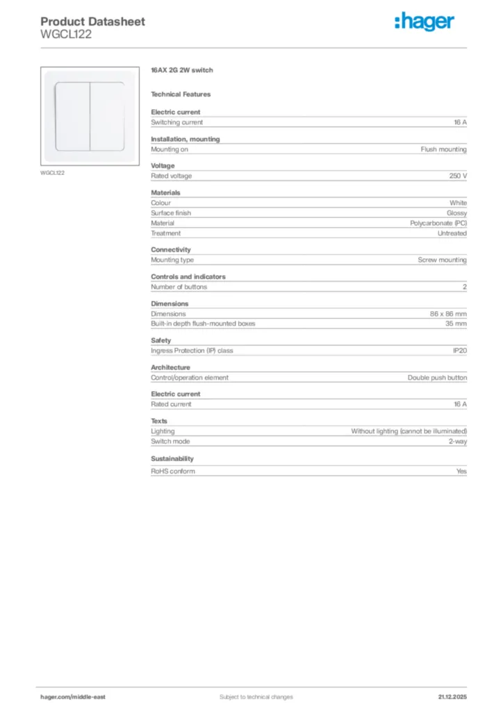 Image Hager Product data sheet WGCL122  | Hager