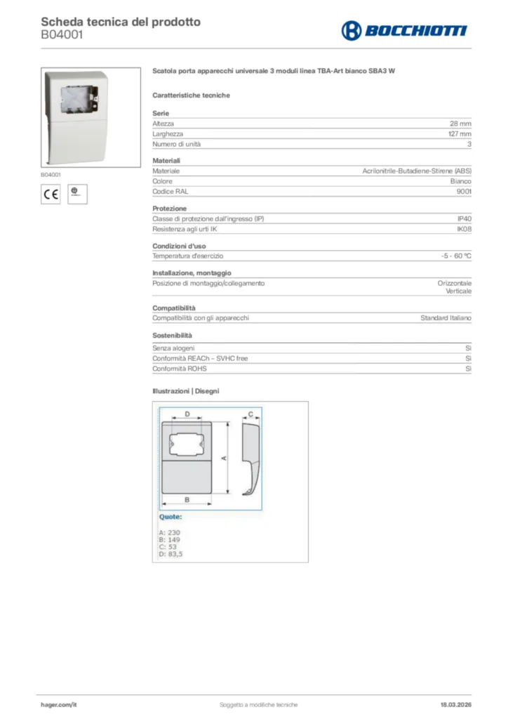 Immagine Bocchiotti Scheda tecnica del prodotto B04001 | Hager Italia