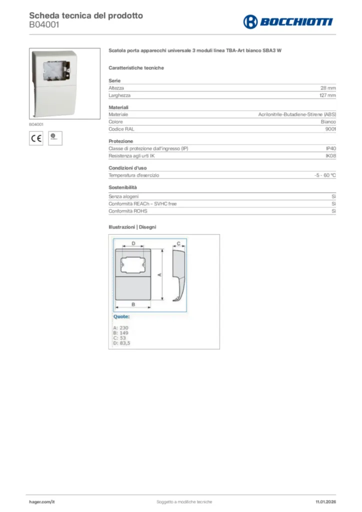 Immagine Bocchiotti Scheda tecnica del prodotto B04001 | Hager Italia