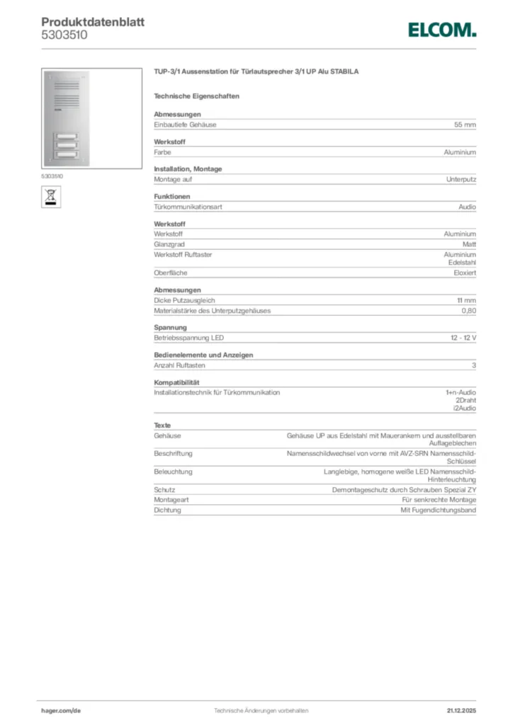 Bild Elcom Produktdatenblatt 5303510 | Hager Deutschland