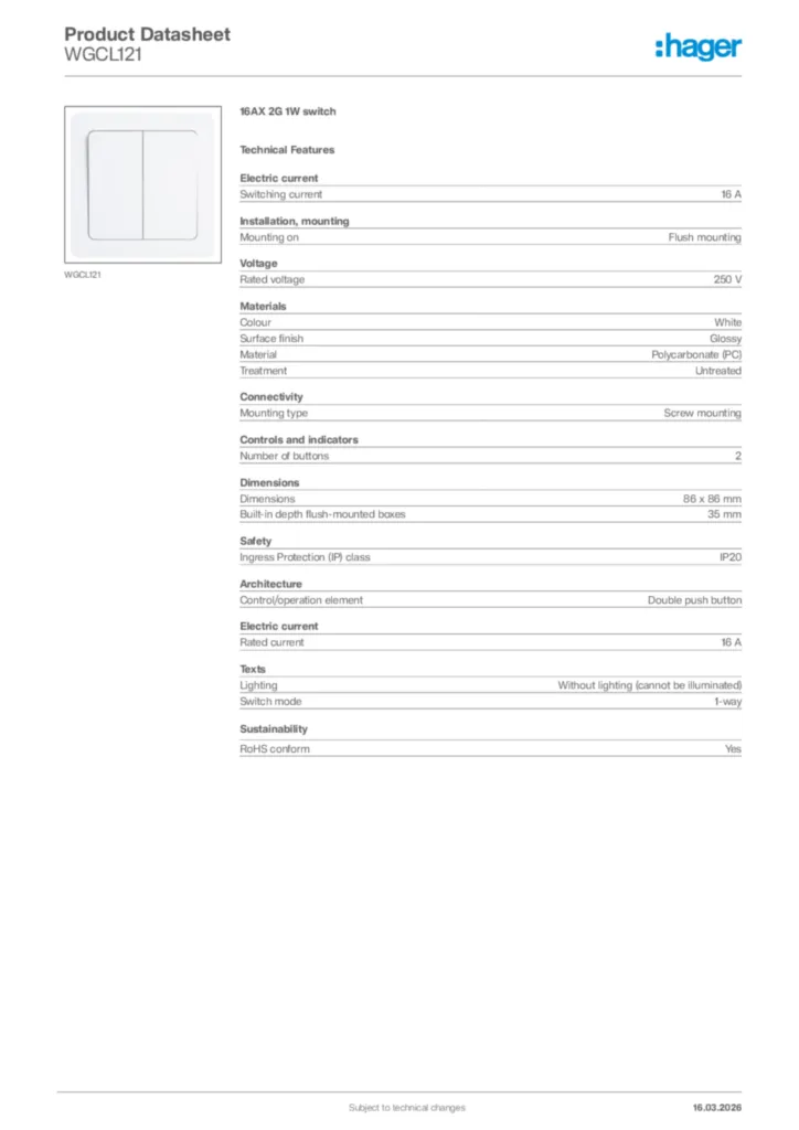 Image Hager Product data sheet WGCL121  | Hager Africa