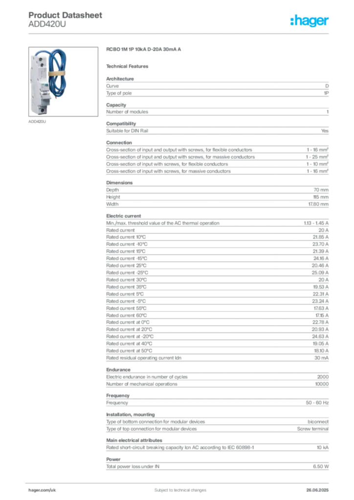 Image Hager Product data sheet ADD420U  | Hager