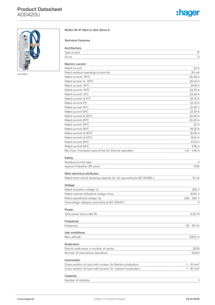 Image Hager Product data sheet ADD420U  | Hager