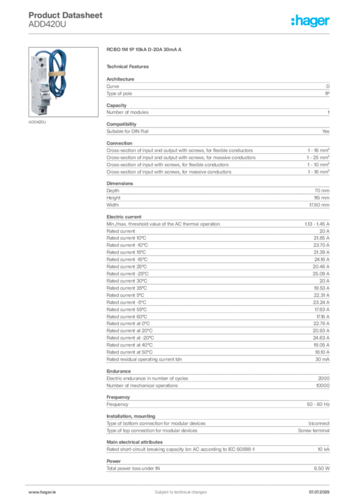 Image Hager Product data sheet ADD420U  | Hager