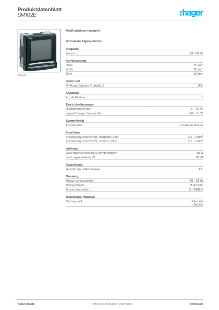 Hager Produktdatenblatt SM102E