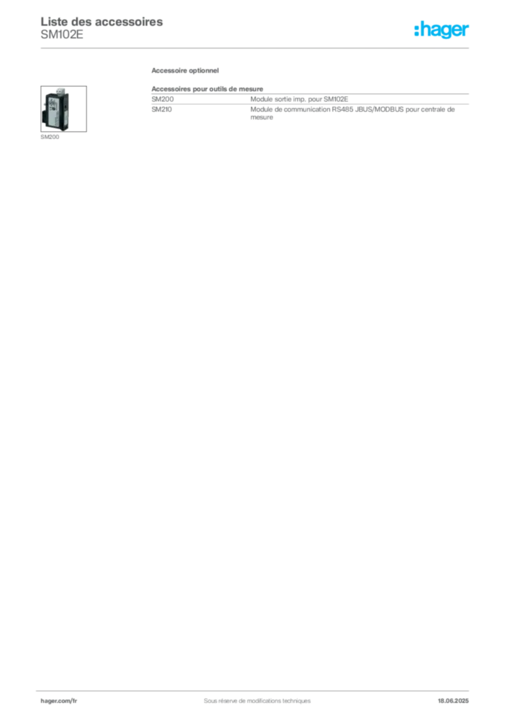 Image Hager Fiche technique du produit SM102E | Hager France