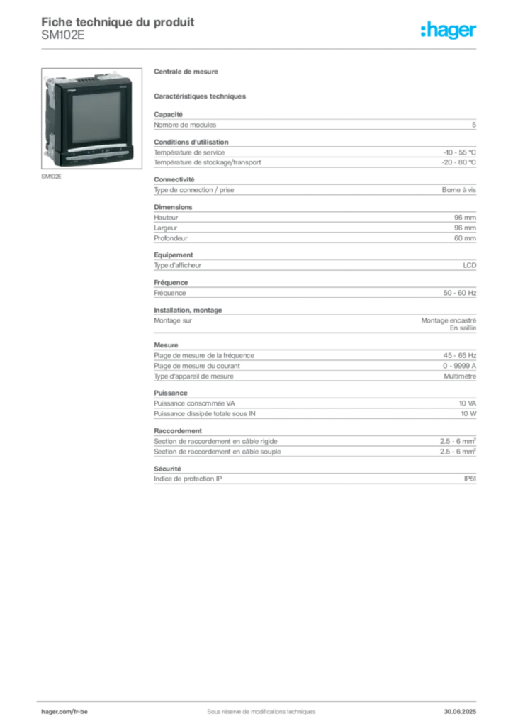 Image Hager Fiche technique du produit SM102E | Hager Belgique