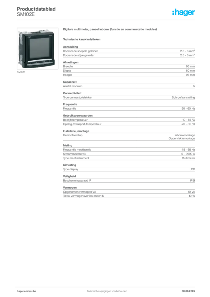 Afbeelding Hager Productdatablad SM102E | Hager Belgium