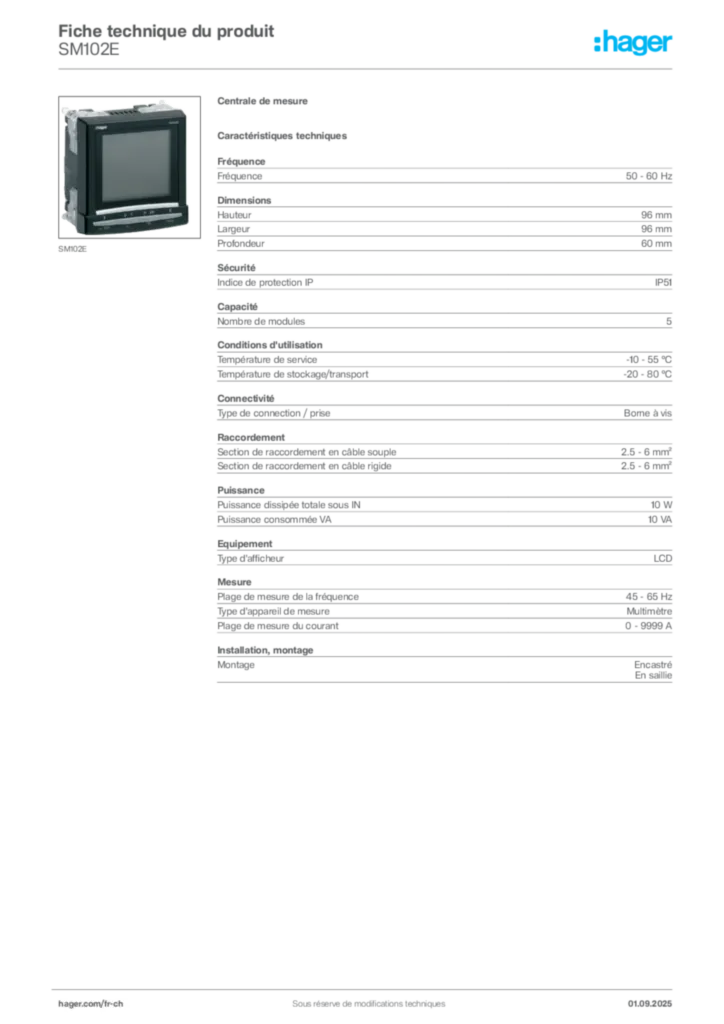 Image Hager Fiche technique du produit SM102E | Hager Suisse