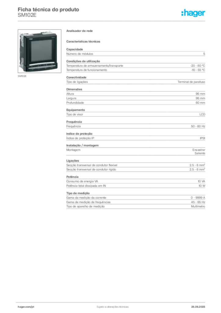 Imagem Hager Ficha técnica do produto SM102E | Hager Portugal