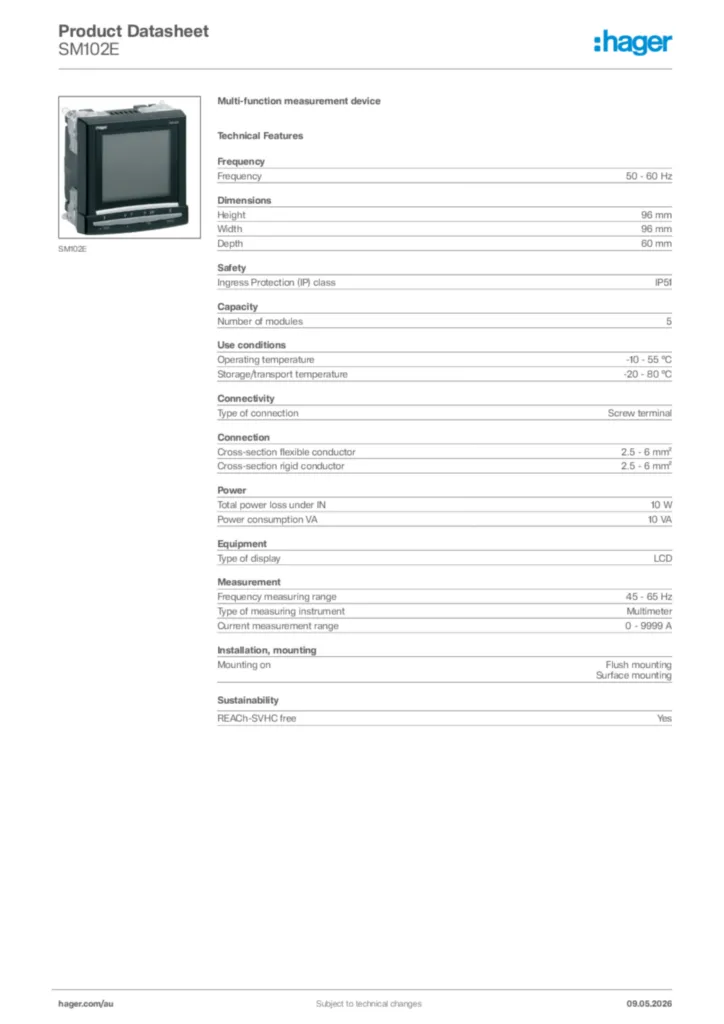 Image Hager Product data sheet SM102E  | Hager Australia