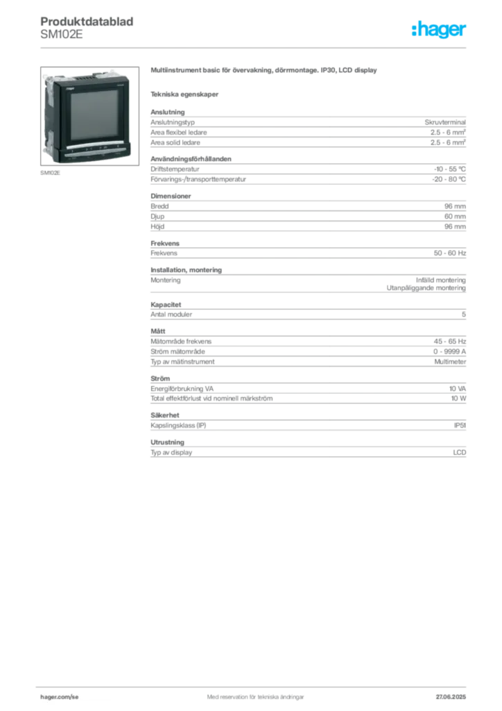 Bild Hager Produktdatablad SM102E | Hager Sverige