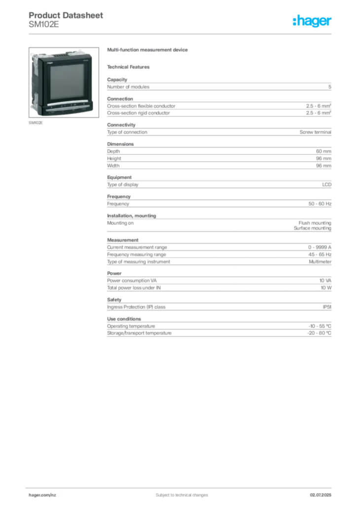 Image Hager Product data sheet SM102E  | Hager New Zealand