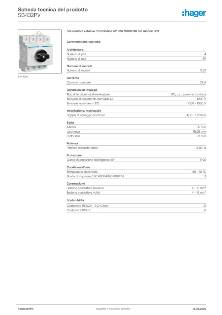 Immagine Hager Scheda tecnica del prodotto SB432PV | Hager Italia