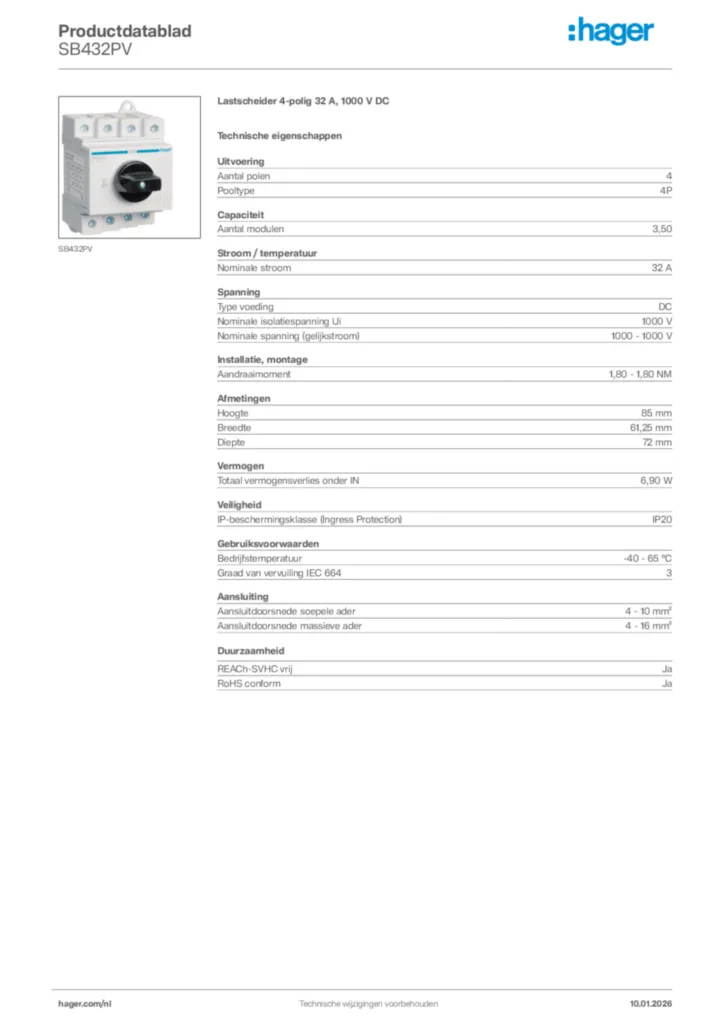 Afbeelding Hager Productdatablad SB432PV | Hager Nederland