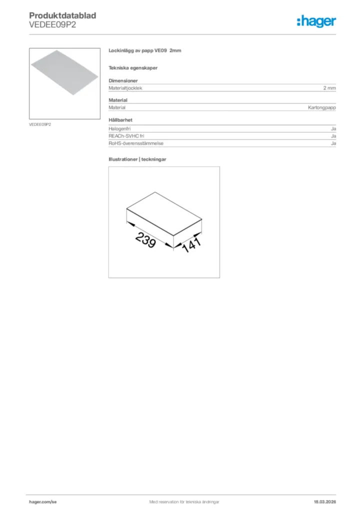Bild Hager Produktdatablad VEDEE09P2 | Hager Sverige