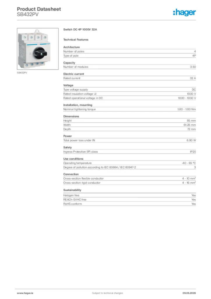 Image Hager Product data sheet SB432PV  | Hager