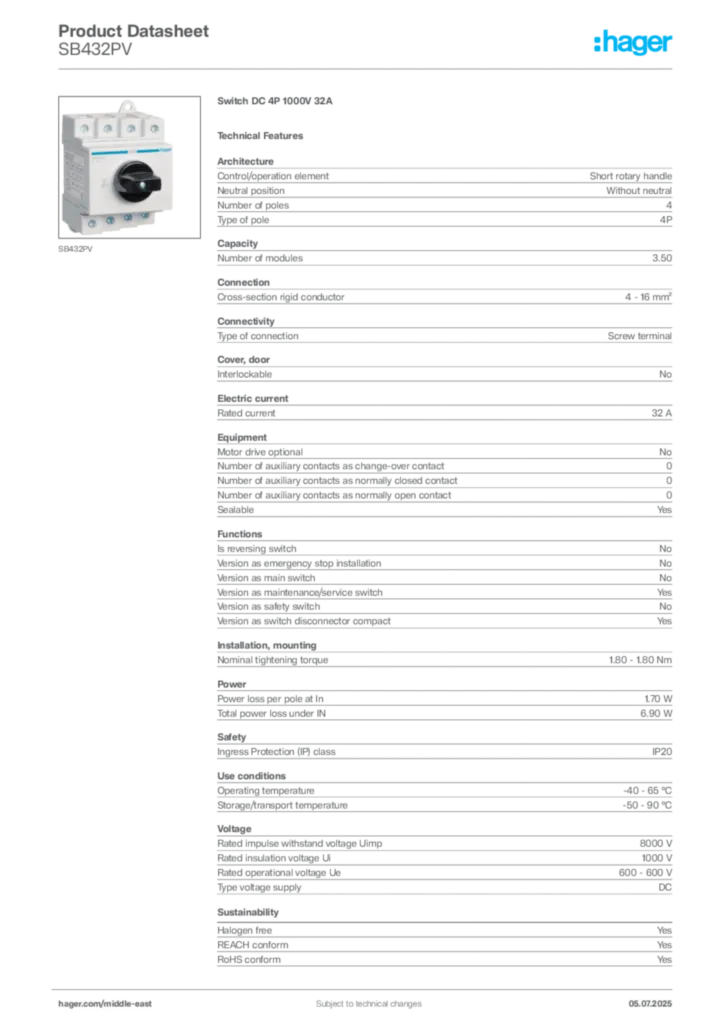 Image Hager Product data sheet SB432PV  | Hager