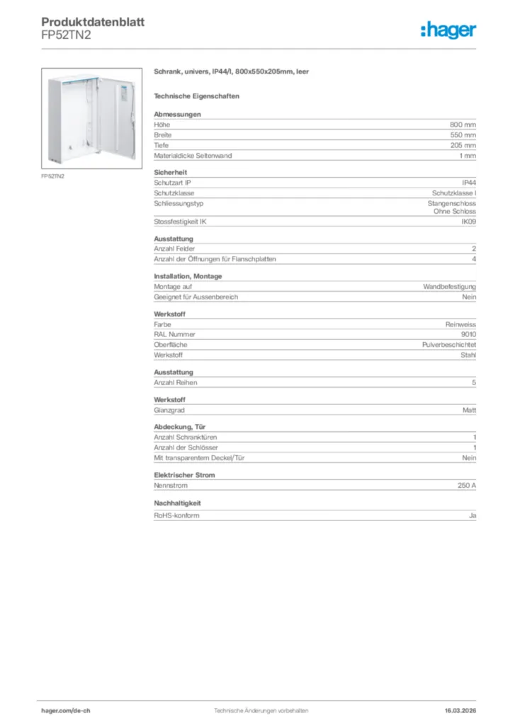 Bild Hager Produktdatenblatt FP52TN2 | Hager Schweiz