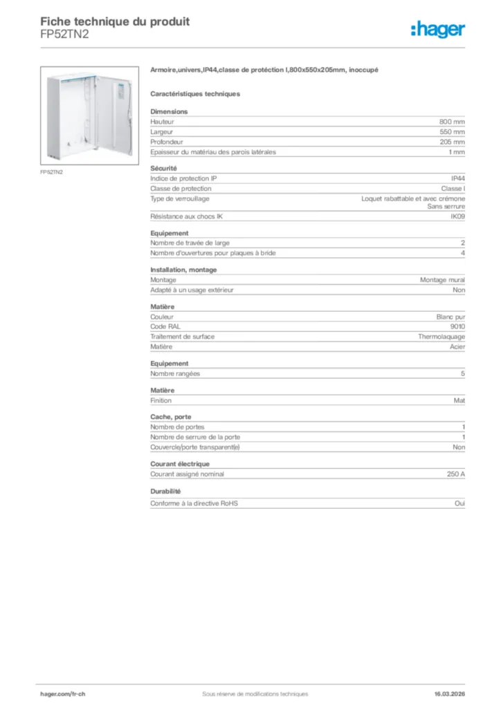 Image Hager Fiche technique du produit FP52TN2 | Hager Suisse