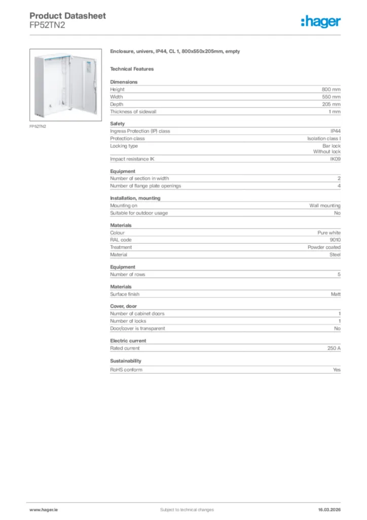 Image Hager Product data sheet FP52TN2  | Hager