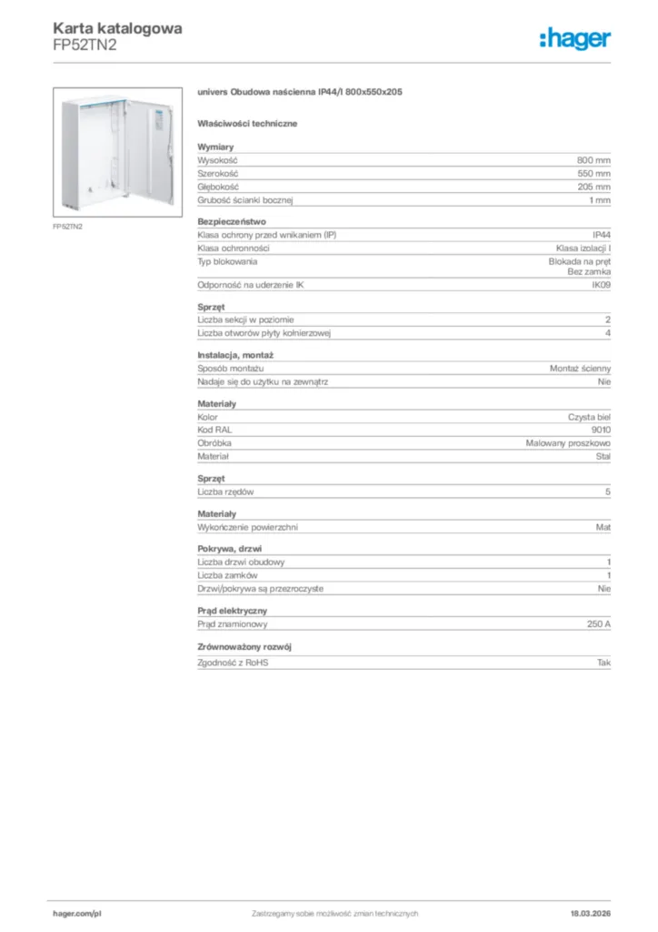 Zdjęcie Hager Karta katalogowa FP52TN2 | Hager Polska