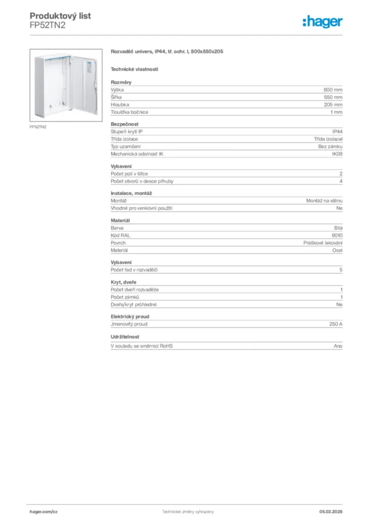 Obrázek Hager Product data sheet FP52TN2 | Hager