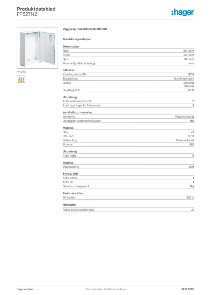 Bild Hager Produktdatablad FP52TN2 | Hager Sverige