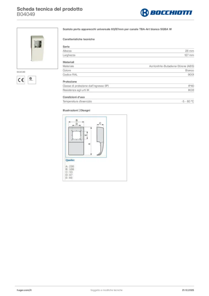 Immagine Bocchiotti Scheda tecnica del prodotto B04049 | Hager Italia