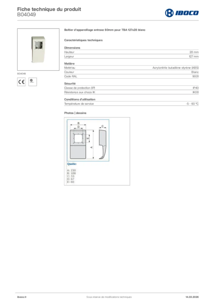 Image Iboco Fiche technique du produit B04049 | Hager France