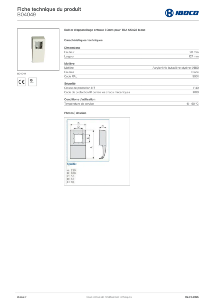 Image Iboco Fiche technique du produit B04049 | Hager France
