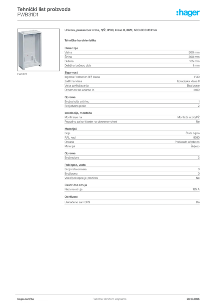 Slika Hager Product data sheet FWB31D1  | Hager