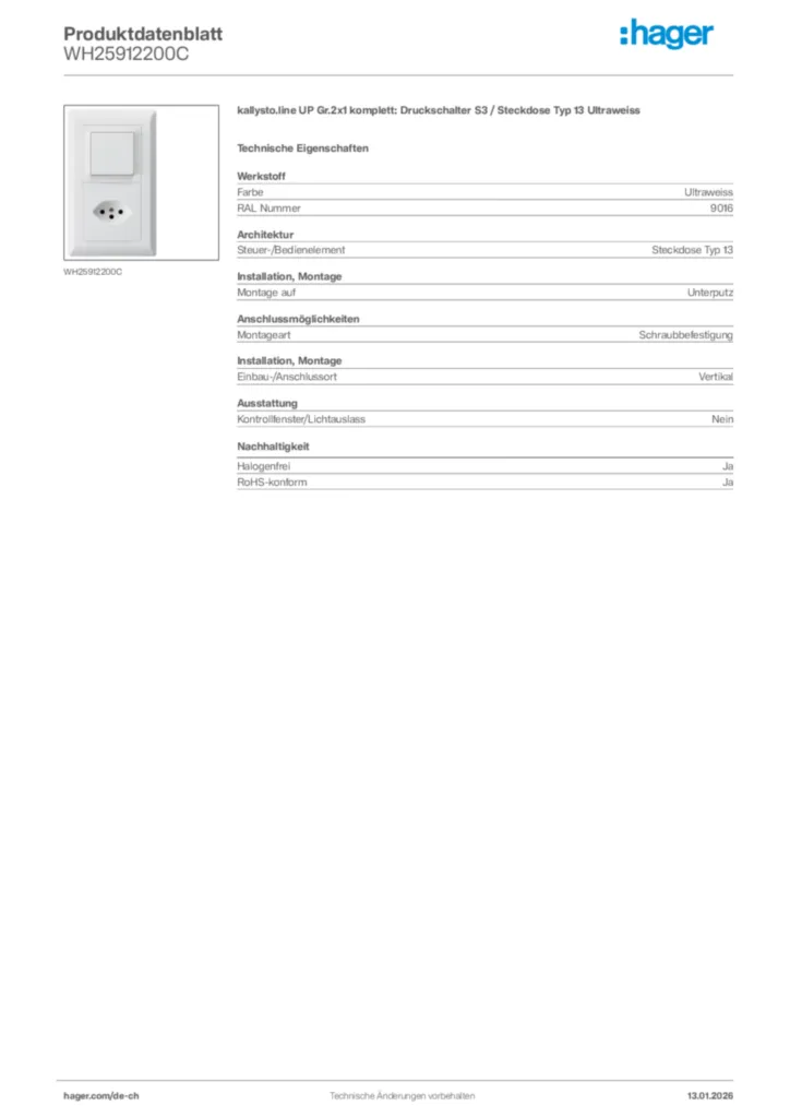 Bild Hager Produktdatenblatt WH25912200C | Hager Schweiz